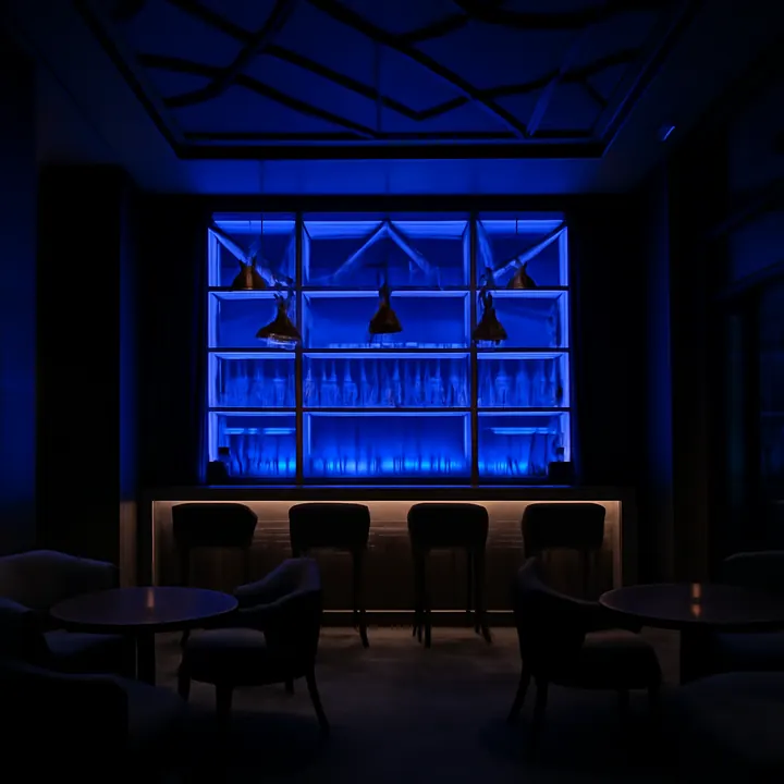 Hotel bar with indigo lighting
